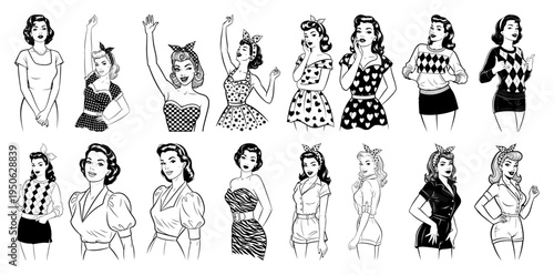 Retro pin up girl vector set Collection of vintage 1950s women in different poses and outfits Pop art comic style