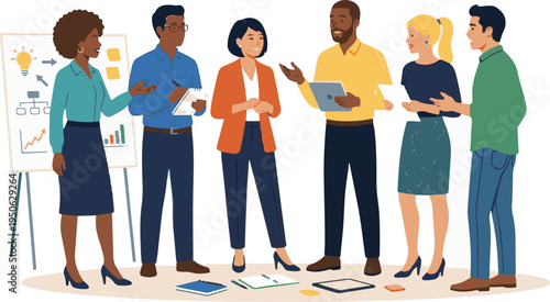 Diverse business team brainstorming ideas near whiteboard in office