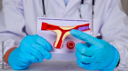 Gros plan sur un médecin en train de montrer le modèle 3D d'une artère bouchée avec de la graisse et un caillot de sang. En arrière-plan, il est habillé avec une blouse blanche.