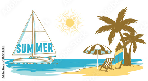 Vector summer beach icon with sailboat, palm trees, and beach chair