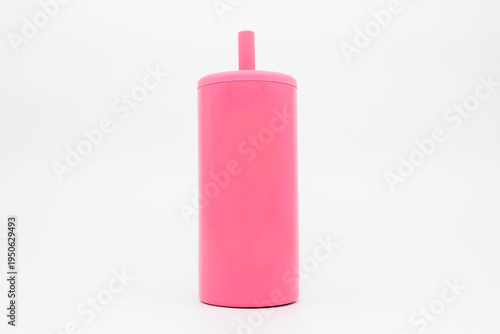 Minimal Pink Tumbler Cup with Straw on White Background