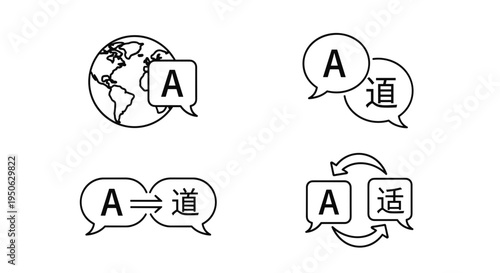 Global communication and language translation icons featuring speech bubbles globe and characters