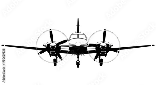 Twin engine propeller aircraft in silhouette front view detailed illustration isolated on white background aviation