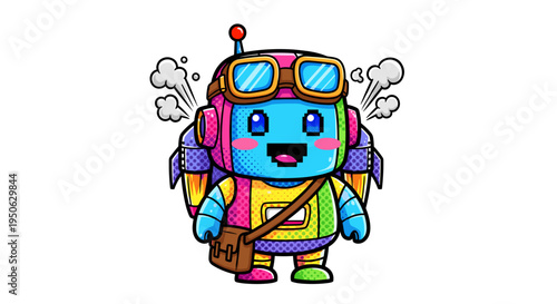 Colorful cartoon robot character with jetpack and satchel wearing goggles exuding joy and readiness for adventure