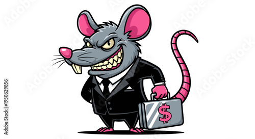 Sly businessman mouse character in a sharp black suit holding a briefcase with a dollar sign conveying greed