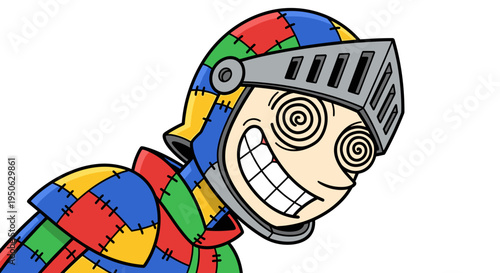 Whimsical colorful cartoon knight with dizzy spiral eyes and a wide manic grin wearing patchwork armor isolated