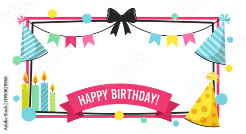Festive birthday frame with colorful bunting party hats candles and confetti celebrating joy and happiness with a happy