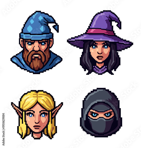 Diverse fantasy characters including a wizard sorceress elf and rogue presented as stylized pixel art avatars for games