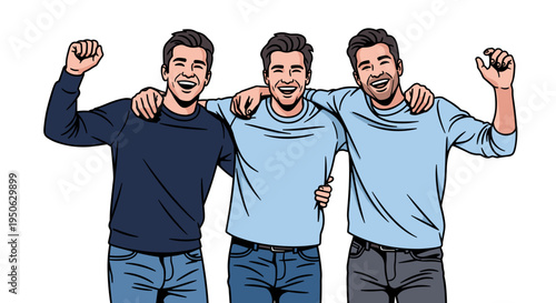 Three young men celebrating with arms around each other showing friendship and camaraderie with joyful expressions