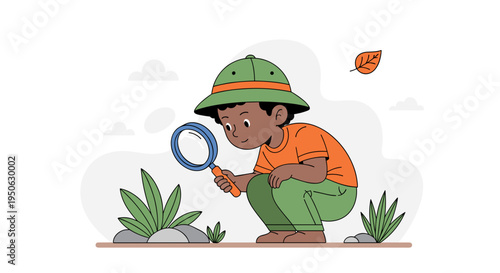 Curious young explorer boy in safari hat examining green plants with magnifying glass discovering nature outdoors