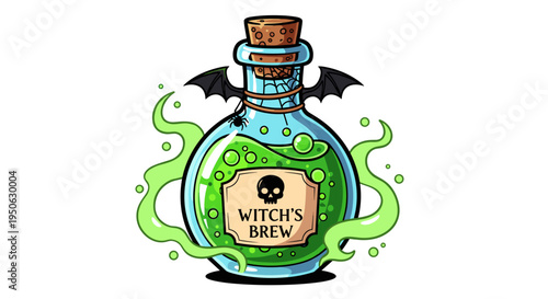 Mysterious glowing green witch's brew potion bottle with skull label and bat wings emitting magical smoke for halloween