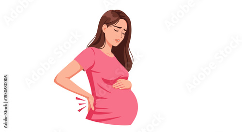 Pregnant woman experiencing back pain holding her belly and lower back with a pained expression representing discomfort