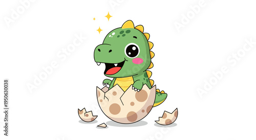 Adorable cartoon baby dinosaur hatching from cracked egg with sparkling yellow stars cute green creature playful