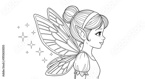 Whimsical line art illustration of a charming young fairy with delicate butterfly wings and sparkling magic perfect