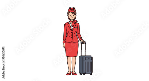 Professional smiling flight attendant in a crisp red uniform and hat standing beside a wheeled suitcase ready