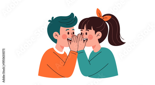 Two cartoon children a boy and a girl sharing a secret whispering into each other's ears with hands cupped conveying
