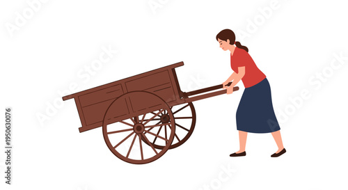 Woman pushing vintage wooden cart with large wheels historical transportation concept isolated on white background