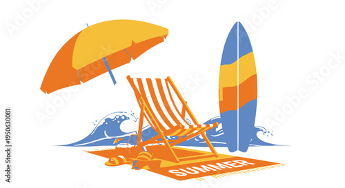 Vector beach icons set with chair, umbrella, and surfboard