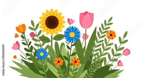 Vibrant bouquet of diverse wildflowers and cultivated blooms including sunflowers and tulips with lush green foliage
