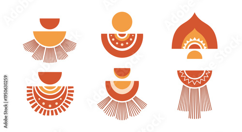 Bohemian abstract geometric shapes set boho style organic forms with fringe detail earthy tones modern tribal art
