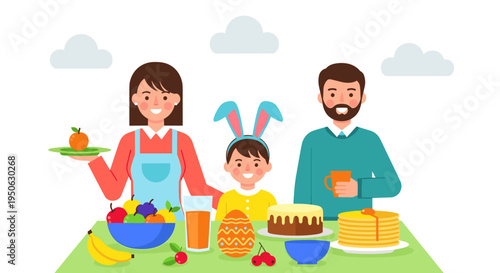 Happy family enjoying a festive easter brunch with colorful decorations delicious food and bright spring day atmosphere