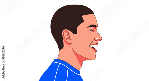 Joyful young man with short dark hair and a bright blue shirt smiles broadly in a profile view with a clean white