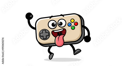Joyful cartoon video game controller character with expressive eyes and tongue out dancing energetically with raised