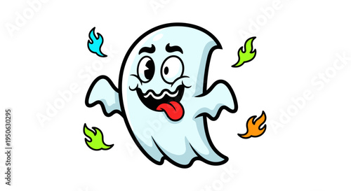 Playful cartoon ghost character with a funny expression sticking out its tongue surrounded by colorful flames and wisps