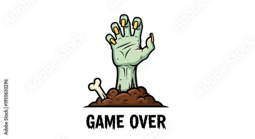 Green undead hand reaching from earth with bone and 'game over' text spooky halloween concept for horror and gaming