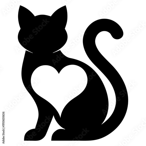 Black vector silhouette illustration of a romantic cat couple with a red heart shape as a symbol of love and Valentine's Day art design