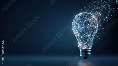 Glowing abstract light bulb dissolving into digital network particles