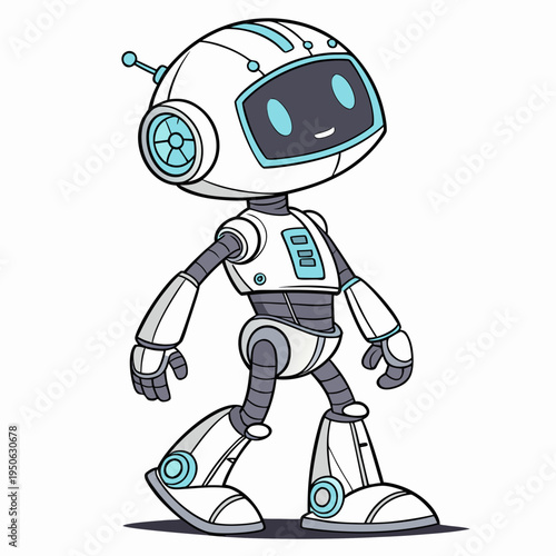 Robot with antenna and blue accents walking forward white background cartoon