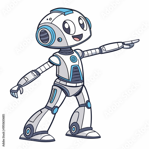 Smiling robot pointing to the right with blue accents white background