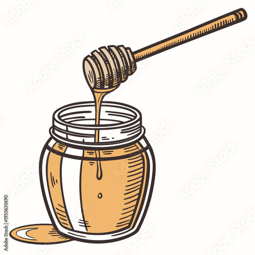 Honey pouring from dipper into glass jar honeycomb golden