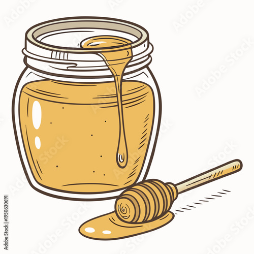 Honey jar and honey dipper on a white background