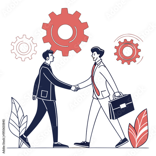 Two businessmen shaking hands with red gears and leaves handshake partnership