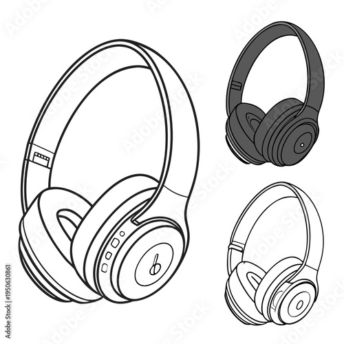 Three different headphones on white background multiple headphones audio music