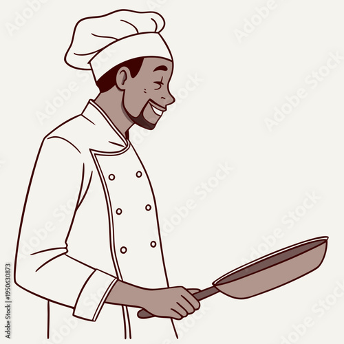 Smiling chef holding a frying pan with a slight shadow effect cooking kitchen uniform