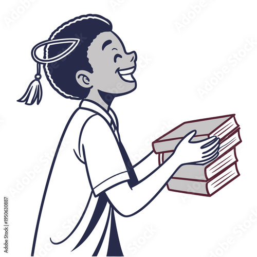Boy holding stack of books with smiling face and tassel on head