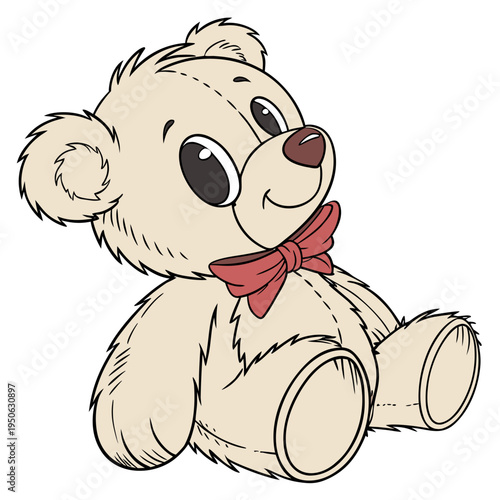 Cartoon teddy bear with red bow tie white background smiling