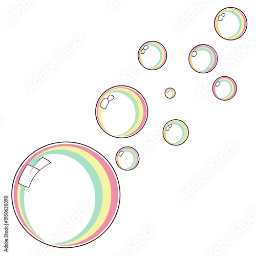 Multicolored bubbles floating on white background