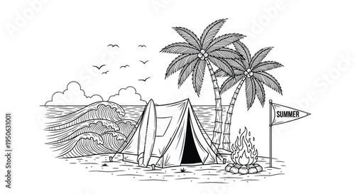 Vector illustration of a camping scene with tent, palm trees, and surfboard