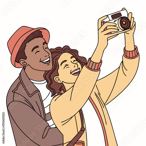 Young couple taking with camera smiling happy