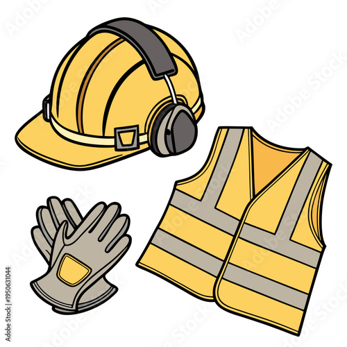 Yellow hard hat with ear muffs and gloves construction safety gear