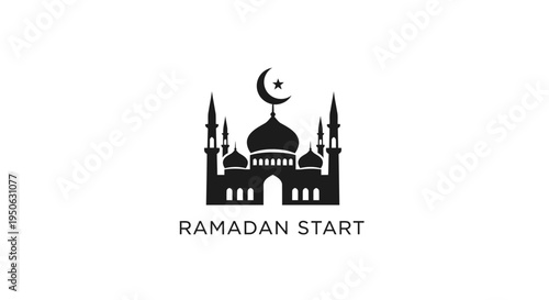 Ramadan start mosque silhouette with crescent moon