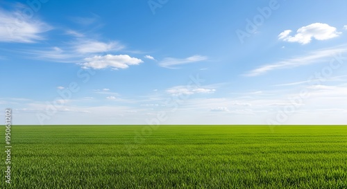 Vast green field under a bright blue sky with scattered white clouds
