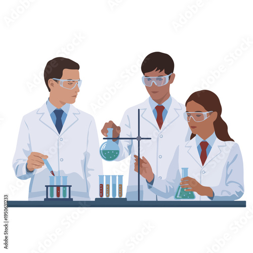 A vector illustration of three scientists in lab coats working together in a laboratory setting