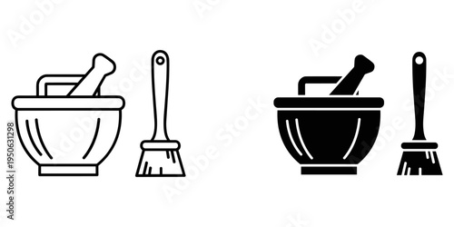set of cleaning tools mortar and pestle with brushes flat design vector illustration