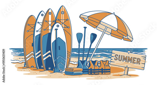 Vector summer beach illustration with paddleboards and umbrella
