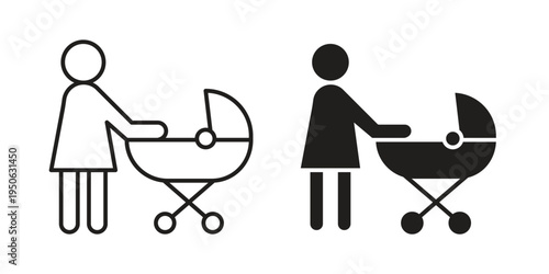 Woman with Baby Stroller icon illustration for web design. filled flat icons